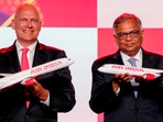 Tata Sons chairman N Chandrashekaran and Air India CEO and MD Campbell Wilson during the unveiling of Air India's new logo in New Delhi on Thursday. Tata Sons chairman N Chandrashekaran and Air India CEO and MD Campbell Wilson during the unveiling of Air India's new logo in New Delhi on Thursday.