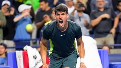 Alcaraz led 5-2 in the third set and twice served for the match before closing out Hurkacz in the tiebreaker. (AP) Alcaraz led 5-2 in the third set and twice served for the match before closing out Hurkacz in the tiebreaker. (AP)