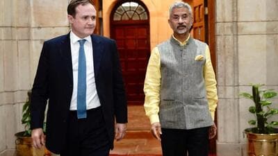 External affairs minister S Jaishankar with UK security minister Tom Tugendhat in New Delhi on Thursday. (Twitter Photo)