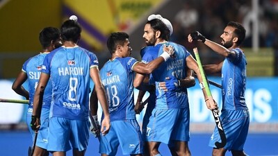 India's players celebrate after a goal during the Asian Champions Trophy 2023 hockey tournament semifinal match between India and Japan at the Mayor Radhakrishnan Stadium in Chennai on August 11 (AFP) India's players celebrate after a goal during the Asian Champions Trophy 2023 hockey tournament semifinal match between India and Japan at the Mayor Radhakrishnan Stadium in Chennai on August 11 (AFP)