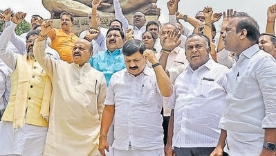 Former Karnataka chief minister Basavaraj Bommai with BJP MLAs. (Image for representation purposes only) Former Karnataka chief minister Basavaraj Bommai with BJP MLAs. (Image for representation purposes only)