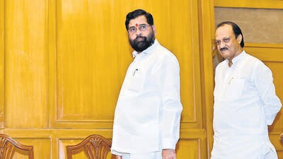 Mumbai, India - July 16, 2023: CM Eknath Shinde and Dy CM Ajit Pawar, before addressing to media on eve of Monsoon Assebly, at Sahayadri Guest House, which starts from tomorrow at Vidhan Bhavan, in Mumbai, India, on Sunday, July 16, 2023. (Photo by Anshuman Poyrekar/ Hindustan Times) (Hindustan Times)