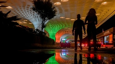 Chhatrapati Shivaji Maharaj International Airport illuminated in tricolour ahead of the Independence Day in Mumbai. (PTI) Chhatrapati Shivaji Maharaj International Airport illuminated in tricolour ahead of the Independence Day in Mumbai. (PTI)