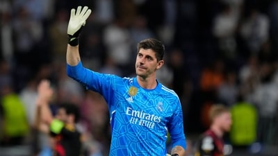 Real Madrid's goalkeeper Thibaut Courtois waves to fans at the end of a 2023 Champions League semifinal (AP) Real Madrid's goalkeeper Thibaut Courtois waves to fans at the end of a 2023 Champions League semifinal (AP)