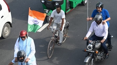 Union minister Jitendra Singh (Right), along with BJP senior leader Jagdambika Pal was seen holding the tricolour during the 'Har Ghar Tiranga' bike rally on Friday. (Vipin Kumar/HT Photo) Union minister Jitendra Singh (Right), along with BJP senior leader Jagdambika Pal was seen holding the tricolour during the 'Har Ghar Tiranga' bike rally on Friday. (Vipin Kumar/HT Photo)