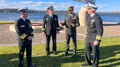 Vice admiral Dinesh Tripathi, commanding in chief of India's Western Naval Command, Vice admiral Saito Akira, commander in chief of Japan Self Defense Fleet, Rear admiral Christopher Smith, commander Australian Fleet and vice admiral Karl Thomas, commander of the US 7th Fleet attend to media as India, Japan, US, Australia will hold first Malabar naval exercise off Australia, Vice admiral Dinesh Tripathi, commanding in chief of India's Western Naval Command, Vice admiral Saito Akira, commander in chief of Japan Self Defense Fleet, Rear admiral Christopher Smith, commander Australian Fleet and vice admiral Karl Thomas, commander of the US 7th Fleet attend to media as India, Japan, US, Australia will hold first Malabar naval exercise off Australia,