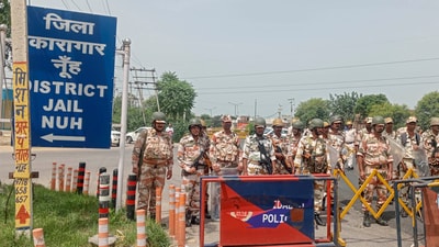 Nuh: Security personnel deployed after incidents of violence in Nuh district, Tuesday, Aug. 8, 2023. (PTI) Nuh: Security personnel deployed after incidents of violence in Nuh district, Tuesday, Aug. 8, 2023. (PTI)