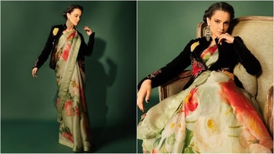 Kangana Ranaut wore an organza saree and black jacket for an award show. (Instagram/@kanganaranaut) Kangana Ranaut wore an organza saree and black jacket for an award show. (Instagram/@kanganaranaut)