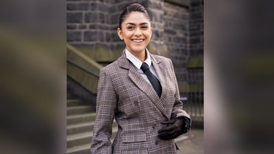 Assisted by hairstylist Deepali Deokar, Mrunal styled her luscious tresses into a chic bun with a puff on a side partition in the front, perfectly completing her chic look. (Instagram/@mrunalthakur) Assisted by hairstylist Deepali Deokar, Mrunal styled her luscious tresses into a chic bun with a puff on a side partition in the front, perfectly completing her chic look. (Instagram/@mrunalthakur)