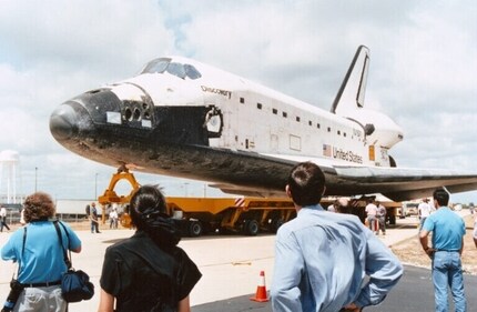 On June 1, 1993, the orbiter Discovery is shown here being rolled into the Vehicle Assembly Building (VAB) for mating with the external tank and twin solid rocket boosters. At the time, Discovery was being prepared for mission STS-51, targeted for a mid-July liftoff. (NASA/JSC) On June 1, 1993, the orbiter Discovery is shown here being rolled into the Vehicle Assembly Building (VAB) for mating with the external tank and twin solid rocket boosters. At the time, Discovery was being prepared for mission STS-51, targeted for a mid-July liftoff. (NASA/JSC)