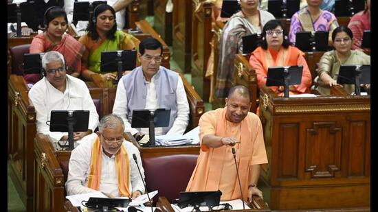 Chief Minister Yogi Adityanath addressed the assembly’s Monsoon session at Vidhan Bhawan in Lucknow on Friday. (Deepak Gupta/HT Photo)