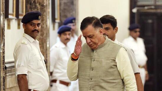 Speaker Satish Mahana on way to the Uttar Pradesh assembly on Friday. (ANI PHOTO)