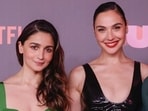 Alia Bhatt with her Heart of Stone co-star Gal Gadot at a Netflix event in Brazil earlier this year. 