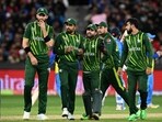 Pakistan's players Shaheen Shah Afridi, Babar Azam, Mohammad Rizwan and Shadab Khan