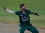 Pakistan's Shahnawaz Dahani celebrates after taking a wicket