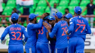 Players of India celebrates the dismissal of West Indies' Brandon King during their second T20I at Providence Stadium (AP) Players of India celebrates the dismissal of West Indies' Brandon King during their second T20I at Providence Stadium (AP)