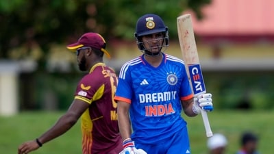 After the West Indies innings ended, it was all India as Gill and Jaiswal took their bowling apart. Gill scored 77 off 47 before falling to Romario Shepherd.&nbsp; (AP)