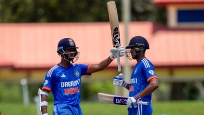 India's Yashasvi Jaiswal celebrates scoring half a century against West Indies in a partnership with Shubman Gill during the fourth T20 cricket match at Central Broward Regional Park (AP)