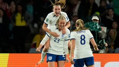 England's Alessia Russo (23) celebrates after scoring her side's 2nd goal during the Women's World Cup quarterfinal soccer match between England and Colombia at Stadium Australia (AP) England's Alessia Russo (23) celebrates after scoring her side's 2nd goal during the Women's World Cup quarterfinal soccer match between England and Colombia at Stadium Australia (AP)