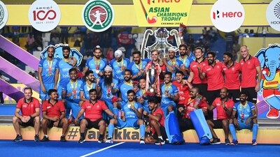Indian players celebrate after winning the Asian Champions Trophy 2023 hockey tournament final match between India and Malaysia at the Mayor Radhakrishnan Stadium in Chennai on August 12 (AFP)