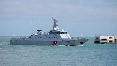 A P677 Cormoran Flamant-class patrol vessel of the French Navy sails on Calais' harbour, northern France, during a rescue operation mobilizing French and British resources on August 12, 2023, after six people were killed after a boat carrying migrants heading to Britain sank in the Channel, French maritime officials said. (AFP) A P677 Cormoran Flamant-class patrol vessel of the French Navy sails on Calais' harbour, northern France, during a rescue operation mobilizing French and British resources on August 12, 2023, after six people were killed after a boat carrying migrants heading to Britain sank in the Channel, French maritime officials said. (AFP)