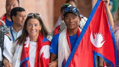 Norwegian climber Kristin Harila, left, and her Nepali sherpa guide Tenjen Sherpa, right, who climbed the world's 14 tallest mountains in record time. (AP) Norwegian climber Kristin Harila, left, and her Nepali sherpa guide Tenjen Sherpa, right, who climbed the world's 14 tallest mountains in record time. (AP)