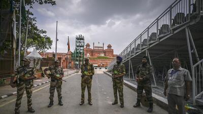 Paramilitary security personnel stand guard near Red Fort on Saturday ahead of the Independence Day celebration. (Raj K Raj/HT Photo) Paramilitary security personnel stand guard near Red Fort on Saturday ahead of the Independence Day celebration. (Raj K Raj/HT Photo)