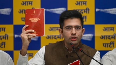 AAP Rajya Sabha MP Raghav Chadha showing "Rules of Procedure and Conduct of Business in the Council of States" (Rajya Sabha) during a press conference. (Photo by Vipin Kumar/ Hindustan Times) AAP Rajya Sabha MP Raghav Chadha showing "Rules of Procedure and Conduct of Business in the Council of States" (Rajya Sabha) during a press conference. (Photo by Vipin Kumar/ Hindustan Times)