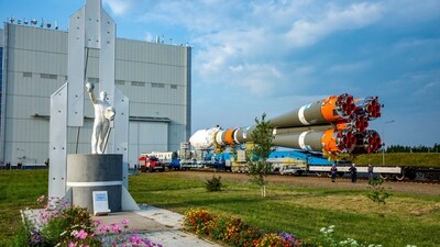 The Soyuz-2.1b rocket with the moon lander Luna 25 automatic station being transported to a launch pad with the statue of Yuri Gagarin, the first person who flew to space. (AFP) The Soyuz-2.1b rocket with the moon lander Luna 25 automatic station being transported to a launch pad with the statue of Yuri Gagarin, the first person who flew to space. (AFP)