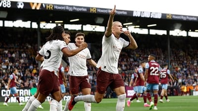 Manchester City's Erling Braut Haaland celebrates scoring their first goal with teammates (Action Images via Reuters)