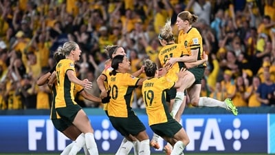 Australia's Cortnee Vine celebrates with teammates after scoring the winning penalty during the penalty shootout and progressing to the semi-finals of the World Cup (REUTERS)