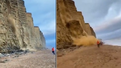 The image captures collapse of a cliff at an beach in the UK. (Twitter/@DorsetCouncilUK) The image captures collapse of a cliff at an beach in the UK. (Twitter/@DorsetCouncilUK)