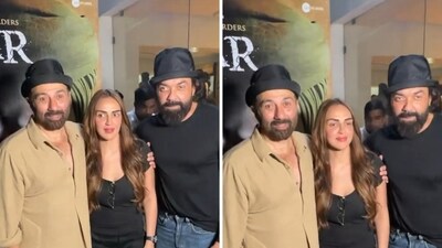 Esha Deol poses with Sunny Deol and Bobby Deol ahead of the special screening of Gadar 2. Esha Deol poses with Sunny Deol and Bobby Deol ahead of the special screening of Gadar 2.