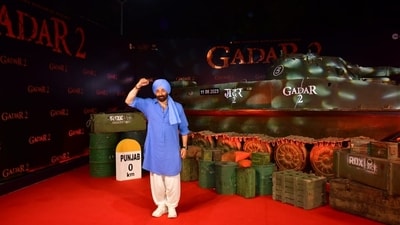 Sunny Deol channels Tara Singh at the premiere of Gadar 2 in Mumbai on Friday. The film opened at a whopping  <span class='webrupee'>₹</span>40 crore on its first day in theatres. It is directed by Anil Sharma.&nbsp; 