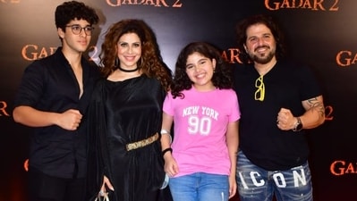 Bakhtiyar Irani and wife Tanaaz Irani with kids at the screening of Gadar 2. The film released on Friday amid much anticipation and clashed with Akshay Kumar's OMG 2 in theatres.&nbsp; 