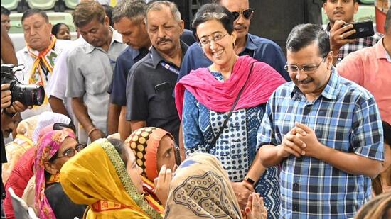 CM Kejriwal meets pilgrims ahead of their journey on Saturday. (HT Photo)