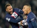 PSG's Kylian Mbappe, right, celebrates with PSG's Neymar. PSG's Kylian Mbappe, right, celebrates with PSG's Neymar.