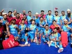 Indian players celebrate with the trophy after winning the Asian Champions Trophy 2023, in Chennai(PTI)