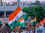 People participate in Tiranga Yatra ahead of 77th Independence Day celebrations. People participate in Tiranga Yatra ahead of 77th Independence Day celebrations.