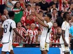 Real Madrid's Jude Bellingham celebrates scoring their second goal 