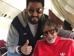 Abhishek Bachchan with father Amitabh Bachchan on a flight. Abhishek Bachchan with father Amitabh Bachchan on a flight.