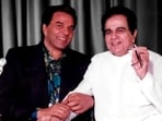 Dharmendra and Dilip Kumar pose together.