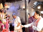 BJP national president JP Nadda offering prayers at Dakshineswar Kali Temple in Kolkata on Sunday. 