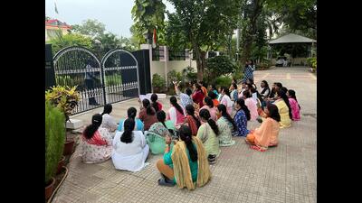 A group of female teachers and wives of male teachers staged a protest at the director’s residence on Sunday evening. (HT Photo) A group of female teachers and wives of male teachers staged a protest at the director’s residence on Sunday evening. (HT Photo)