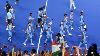 Indian hockey players celebrate after scoring 4-3 against Malaysia during the final hockey match in the Asian Champions Trophy 2023, at Mayor Radhakrishnan Hockey Stadium (Lakshmi) Indian hockey players celebrate after scoring 4-3 against Malaysia during the final hockey match in the Asian Champions Trophy 2023, at Mayor Radhakrishnan Hockey Stadium (Lakshmi)