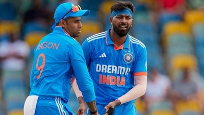 Hardik Pandya celebrates with Suryakumar Yadav after picking a wicket (AP) Hardik Pandya celebrates with Suryakumar Yadav after picking a wicket (AP)