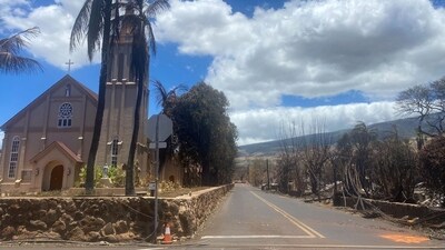 CORRECTION / Burned houses are seen adjacent of Maria Lanakila Catholic Church, on Waine street, in the aftermath of a wildfire in Lahaina, western Maui, Hawaii on August 11, 2023. A wildfire that left Lahaina in charred ruins has killed at least 55 people, authorities said on August 10, making it one of the deadliest disasters in the US state's history. Brushfires on Maui, fueled by high winds from Hurricane Dora passing to the south of Hawaii, broke out August 8 and rapidly engulfed Lahaina. (Photo by Paula RAMON / AFP) / �The erroneous mention[s] appearing in the metadata of this photo by Paula RAMON has been modified in AFP systems in the following manner: [August 11] instead of [August 10]. Please immediately remove the erroneous mention[s] from all your online services and delete it (them) from your servers. If you have been authorized by AFP to distribute it (them) to third parties, please ensure that the same actions are carried out by them. Failure to promptly comply with these instructions will entail liability on your part for any continued or post notification usage. Therefore we thank you very much for all your attention and prompt action. We are sorry for the inconvenience this notification may cause and remain at your disposal for any further information you may require.� (AFP)
