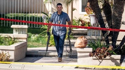 FILE - Investigators remove firearms from a house in the 8500 block of E. Canyon Vista Dr. in Anaheim, Calif., on Aug. 4, 2023. A Southern California judge was charged Friday, Aug. 11, 2023, with murder in the shooting death of his wife and 47 weapons were seized from the house, authorities said. Orange County Superior Court Judge Jeffrey Ferguson, 72, was arrested last week after his adult son called 911 to report his mother, Sheryl Ferguson, had been shot at the family's home in the upscale neighborhood of Anaheim Hills, the district attorney's office said in a statement. (Paul Bersebach/The Orange County Register via AP, File) (AP) FILE - Investigators remove firearms from a house in the 8500 block of E. Canyon Vista Dr. in Anaheim, Calif., on Aug. 4, 2023. A Southern California judge was charged Friday, Aug. 11, 2023, with murder in the shooting death of his wife and 47 weapons were seized from the house, authorities said. Orange County Superior Court Judge Jeffrey Ferguson, 72, was arrested last week after his adult son called 911 to report his mother, Sheryl Ferguson, had been shot at the family's home in the upscale neighborhood of Anaheim Hills, the district attorney's office said in a statement. (Paul Bersebach/The Orange County Register via AP, File) (AP)