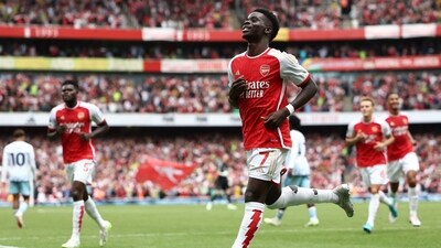 Arsenal's English midfielder #07 Bukayo Saka celebrates scoring the team's second goal during the Premier League match against Nottingham Forest (AFP) Arsenal's English midfielder #07 Bukayo Saka celebrates scoring the team's second goal during the Premier League match against Nottingham Forest (AFP)