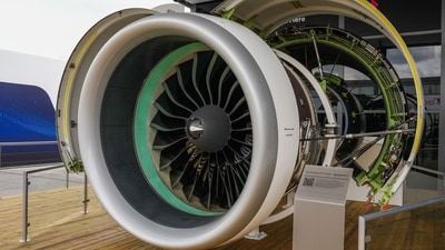 A Pratt & Whitney GTF turbofan aero engine on display at the Paris Air Show in Le Bourget, Paris, France, on Tuesday, June 20, 2023. (Bloomberg) A Pratt & Whitney GTF turbofan aero engine on display at the Paris Air Show in Le Bourget, Paris, France, on Tuesday, June 20, 2023. (Bloomberg)